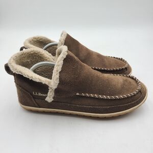 B18 LL Bean Mountain Moc Slippers Womens 10M Brown Suede Leather Lined Booties